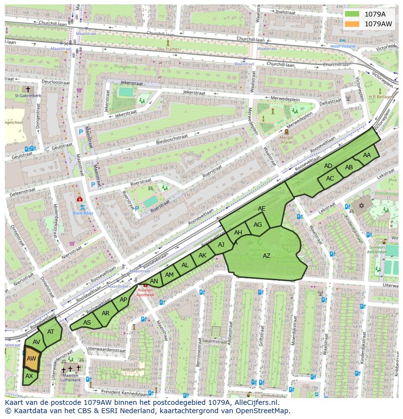 Afbeelding van het postcodegebied 1079 AW op de kaart.