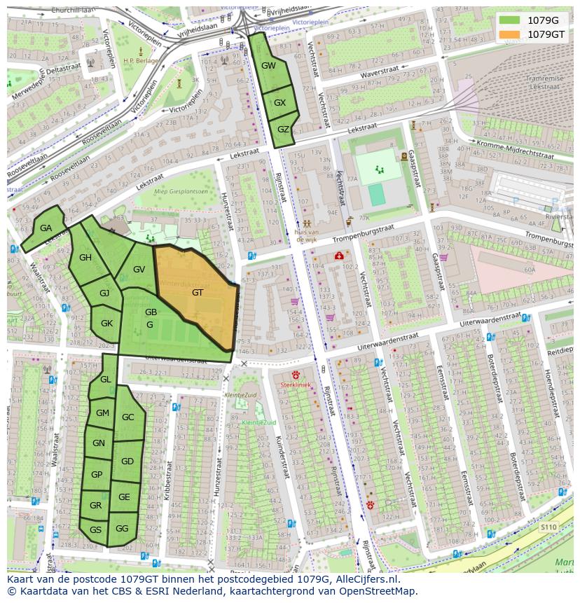 Afbeelding van het postcodegebied 1079 GT op de kaart.