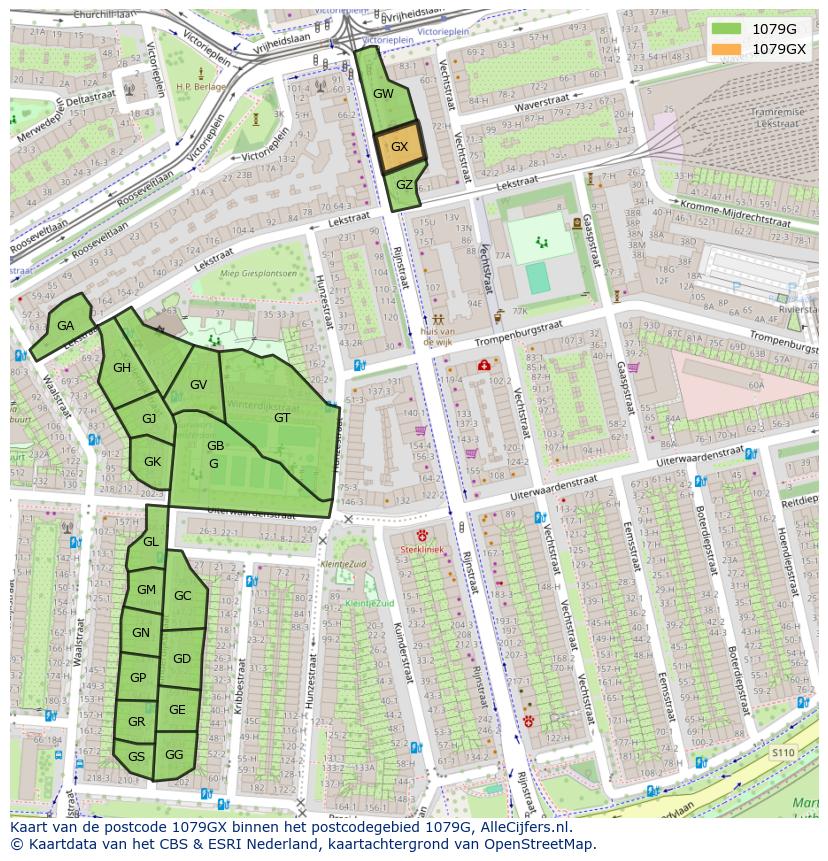 Afbeelding van het postcodegebied 1079 GX op de kaart.