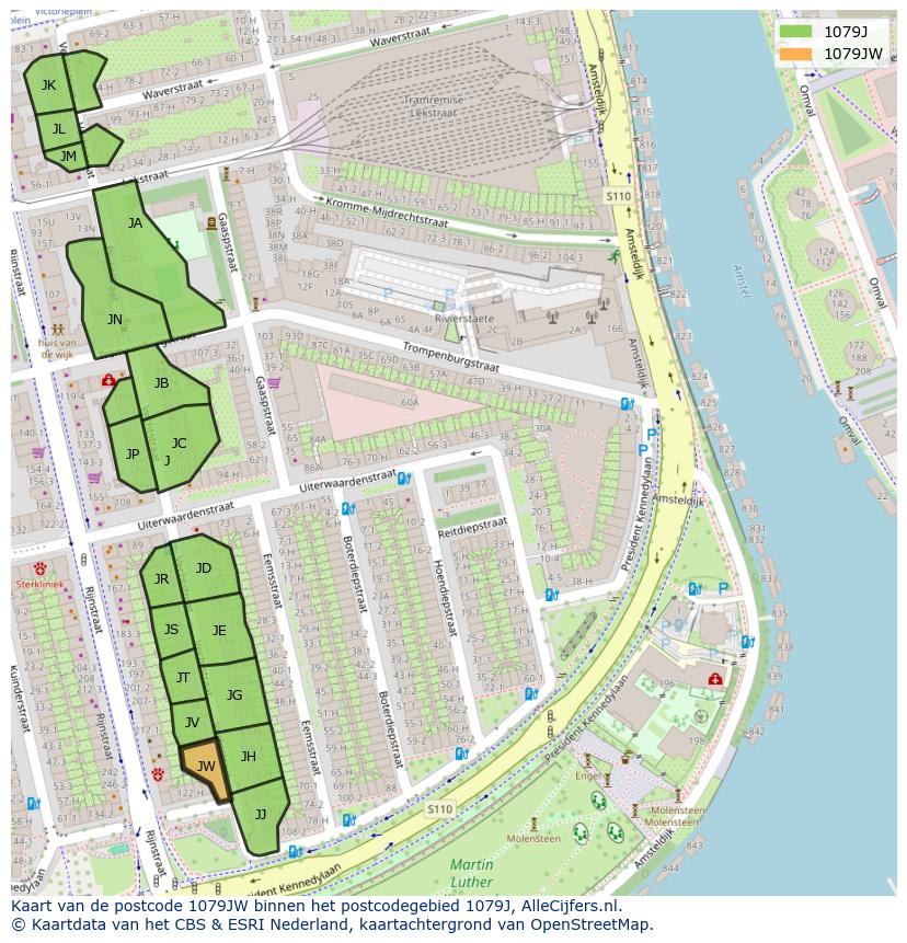 Afbeelding van het postcodegebied 1079 JW op de kaart.