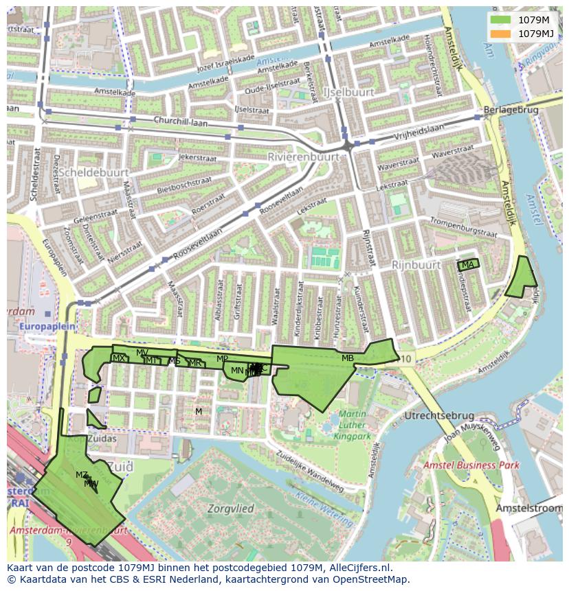 Afbeelding van het postcodegebied 1079 MJ op de kaart.