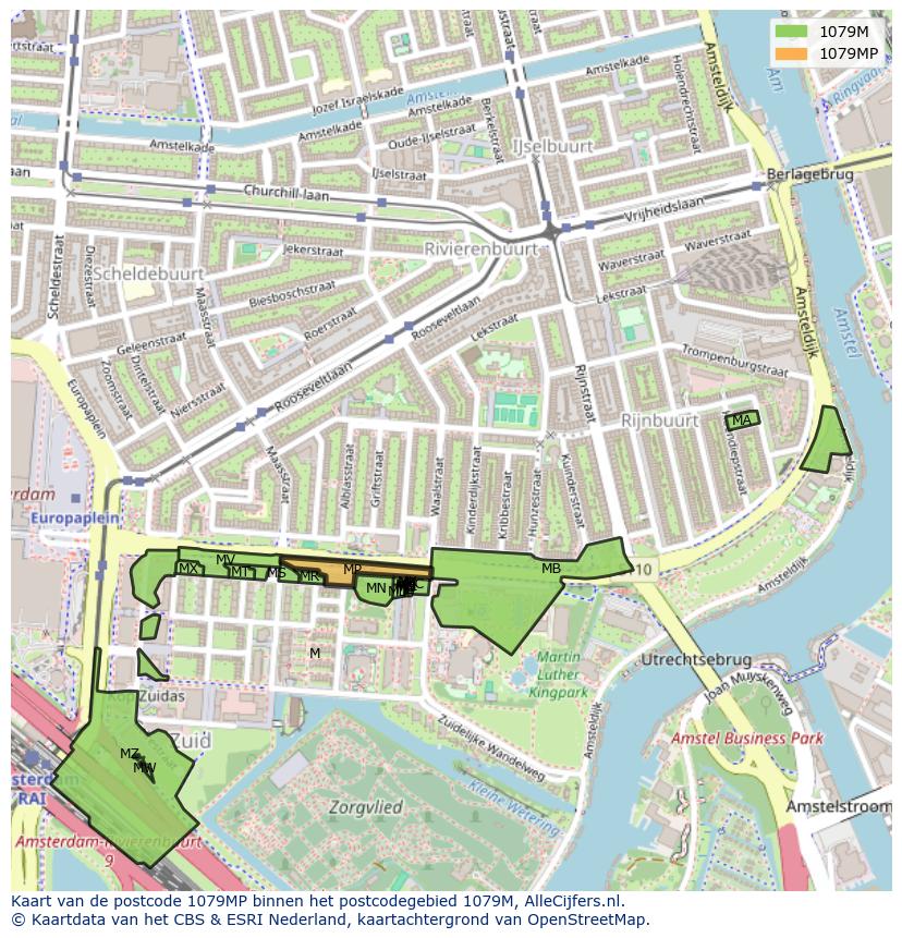 Afbeelding van het postcodegebied 1079 MP op de kaart.