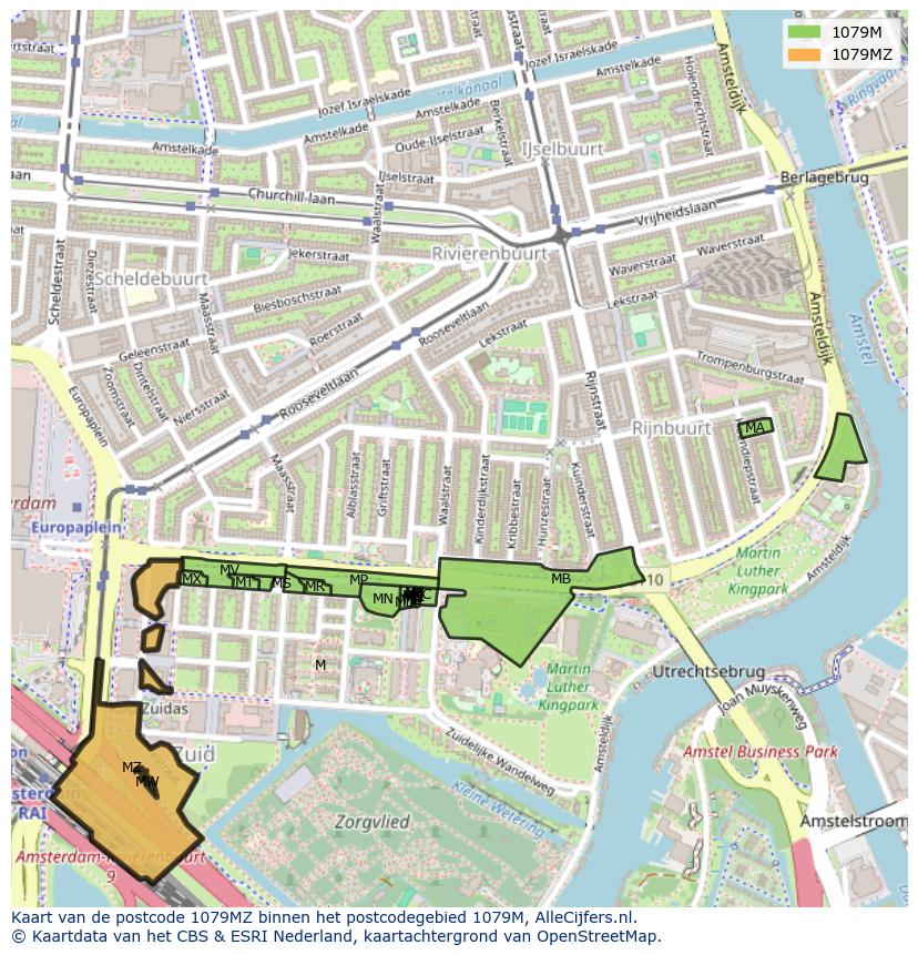 Afbeelding van het postcodegebied 1079 MZ op de kaart.