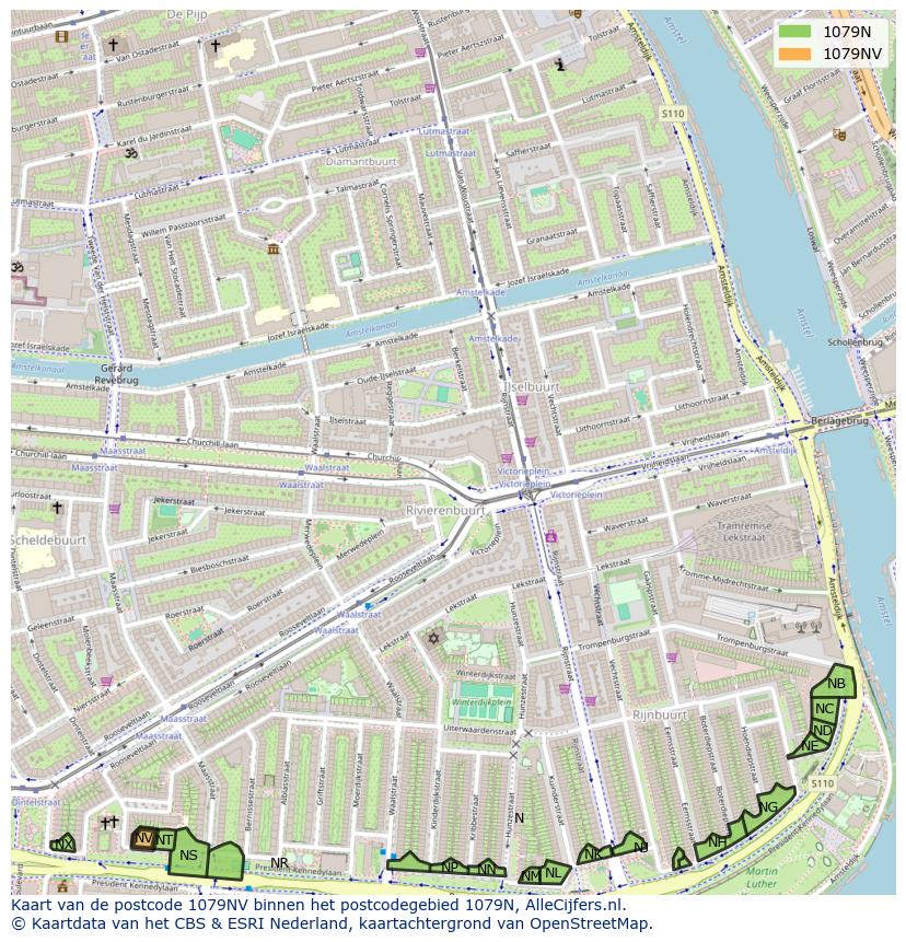 Afbeelding van het postcodegebied 1079 NV op de kaart.