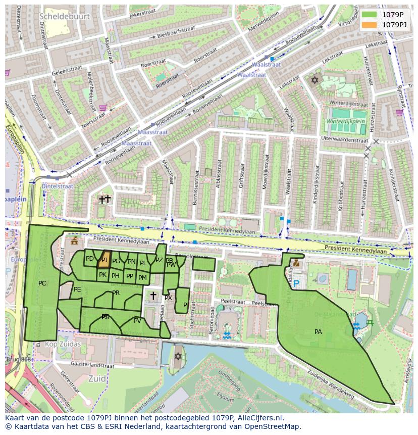 Afbeelding van het postcodegebied 1079 PJ op de kaart.