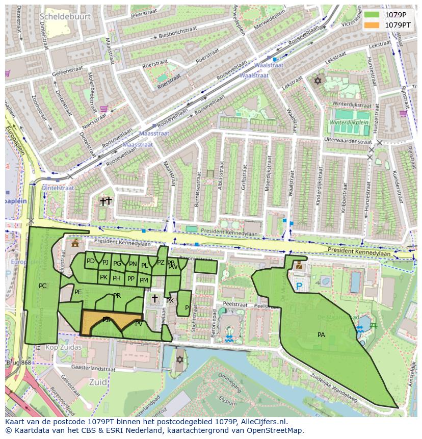 Afbeelding van het postcodegebied 1079 PT op de kaart.