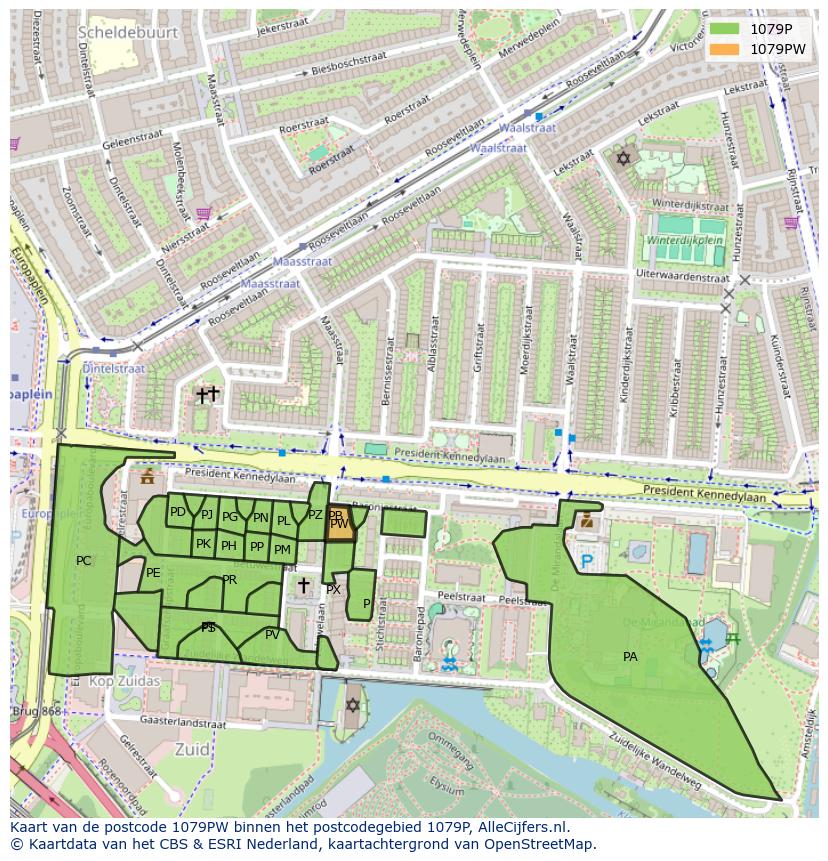 Afbeelding van het postcodegebied 1079 PW op de kaart.