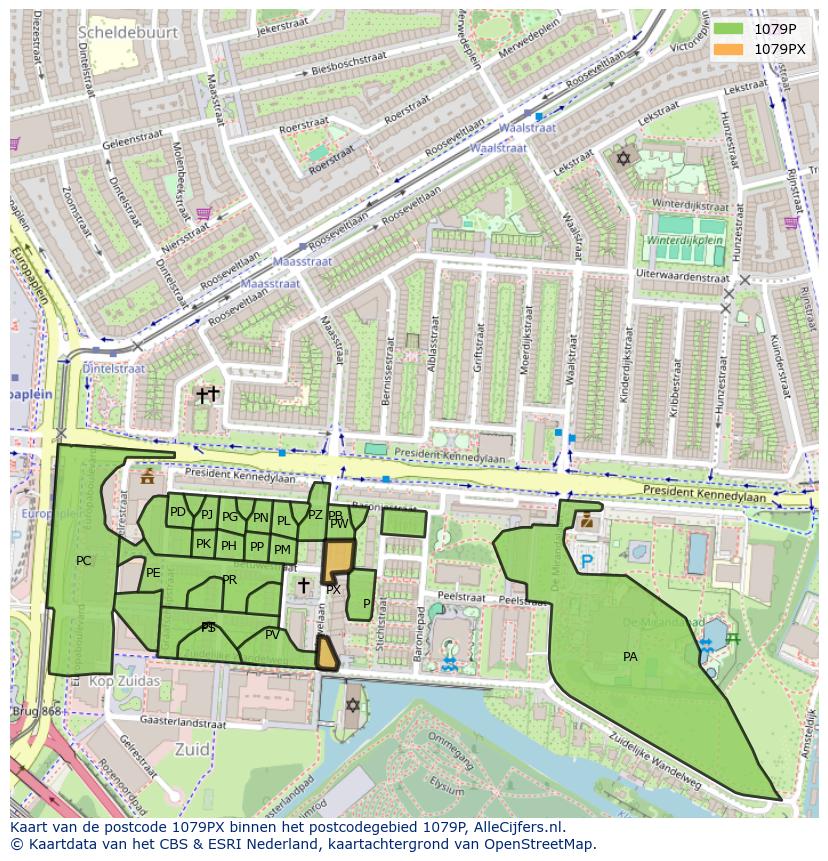 Afbeelding van het postcodegebied 1079 PX op de kaart.