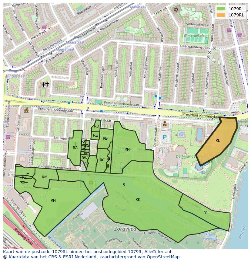 Afbeelding van het postcodegebied 1079 RL op de kaart.