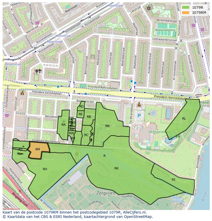 Afbeelding van het postcodegebied 1079 RM op de kaart.