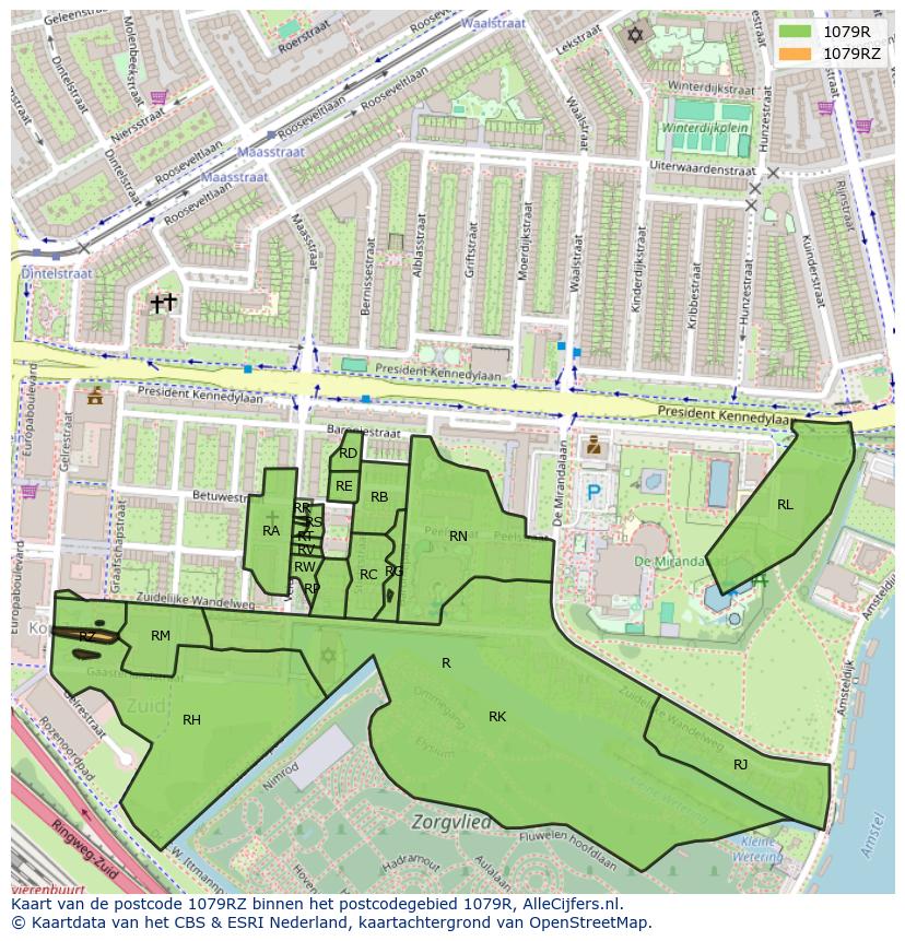 Afbeelding van het postcodegebied 1079 RZ op de kaart.