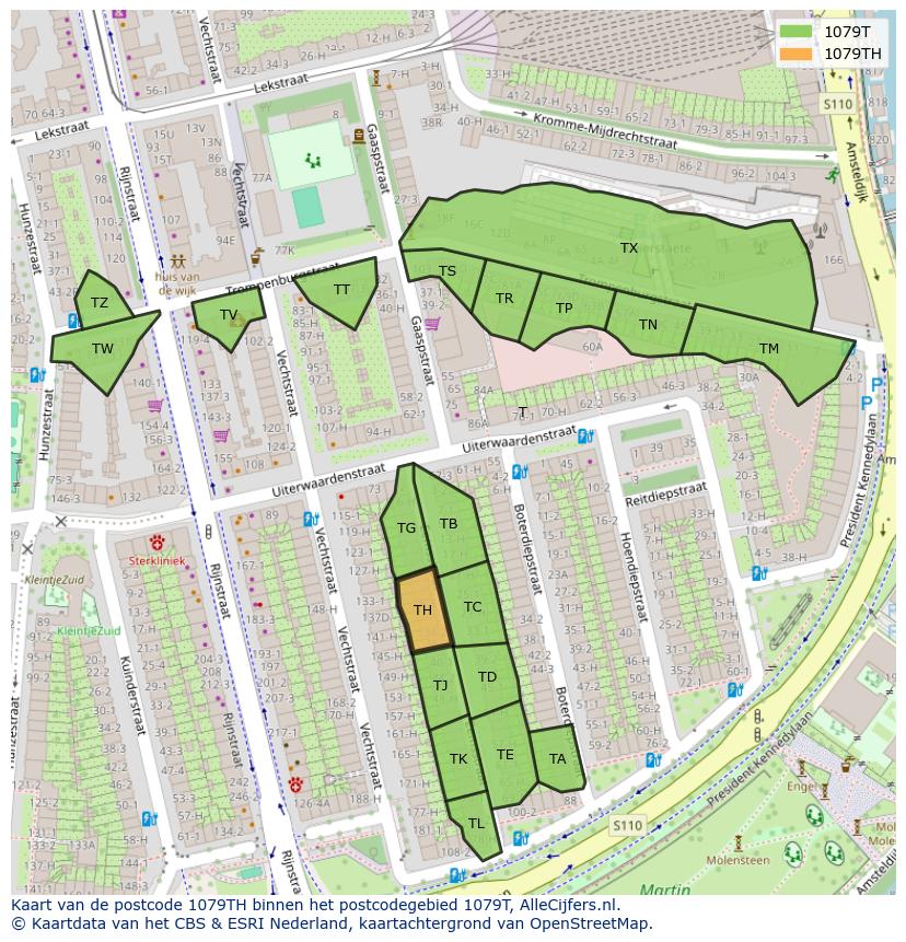 Afbeelding van het postcodegebied 1079 TH op de kaart.