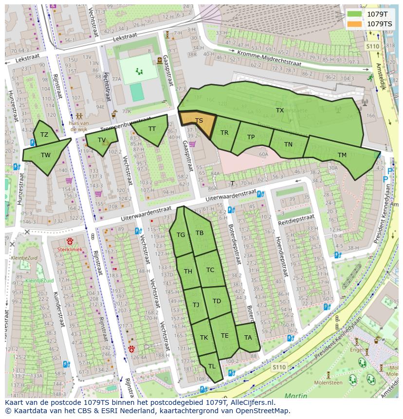 Afbeelding van het postcodegebied 1079 TS op de kaart.