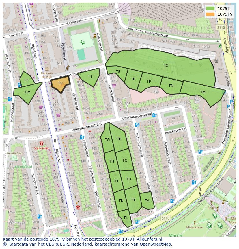 Afbeelding van het postcodegebied 1079 TV op de kaart.