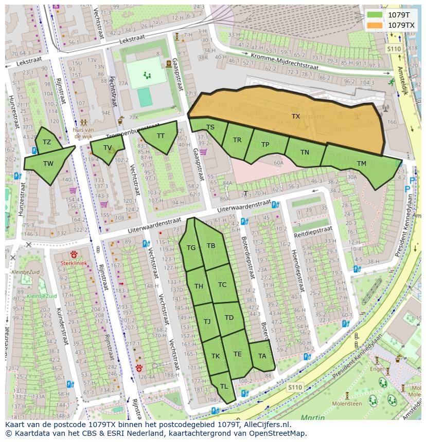Afbeelding van het postcodegebied 1079 TX op de kaart.