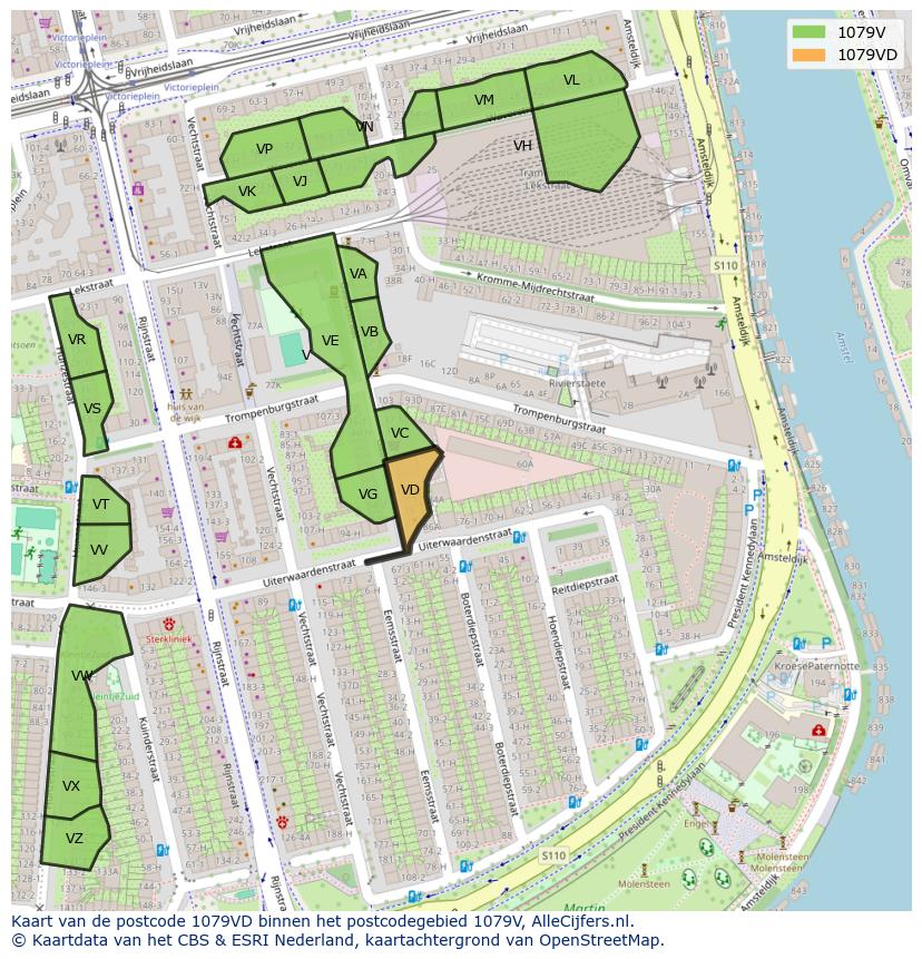 Afbeelding van het postcodegebied 1079 VD op de kaart.