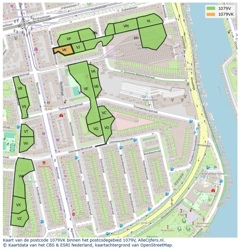Afbeelding van het postcodegebied 1079 VK op de kaart.