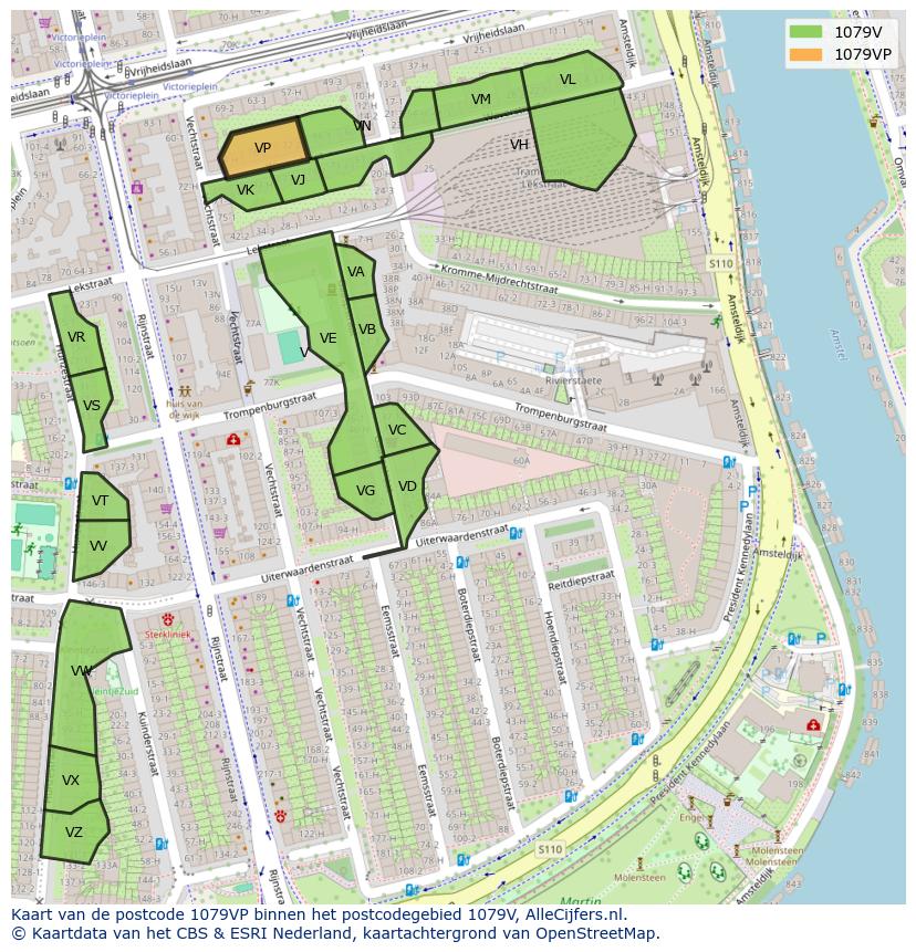 Afbeelding van het postcodegebied 1079 VP op de kaart.