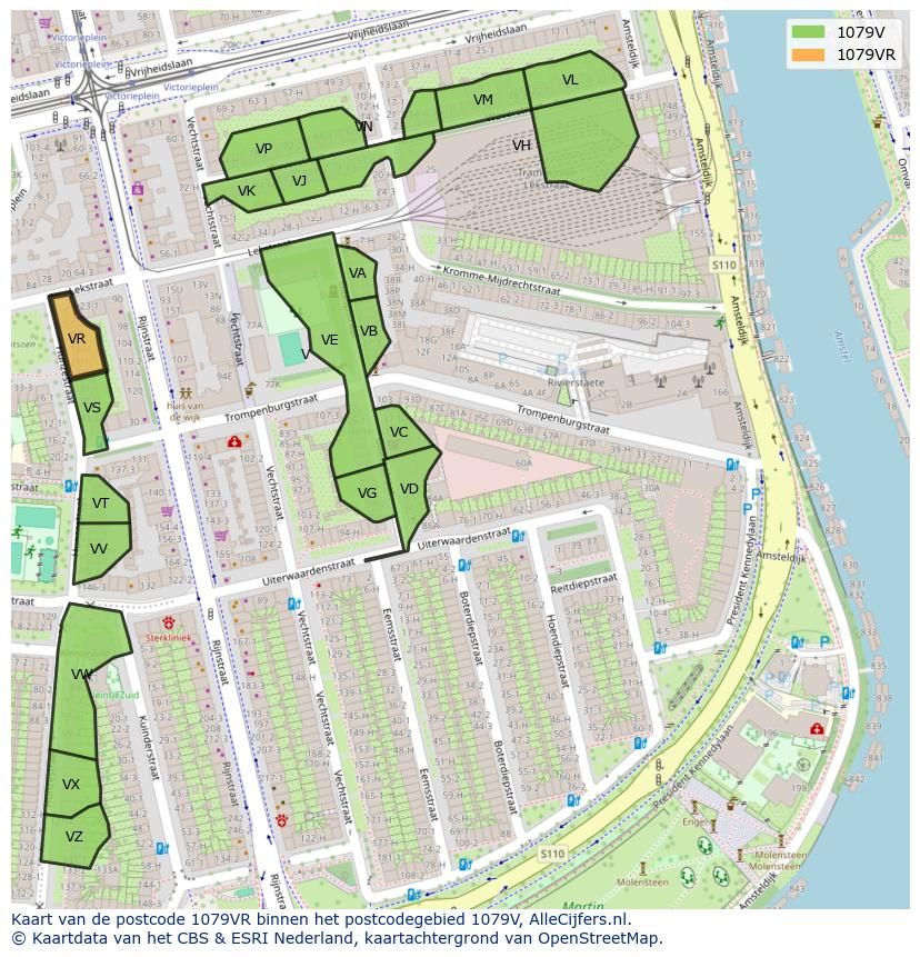Afbeelding van het postcodegebied 1079 VR op de kaart.