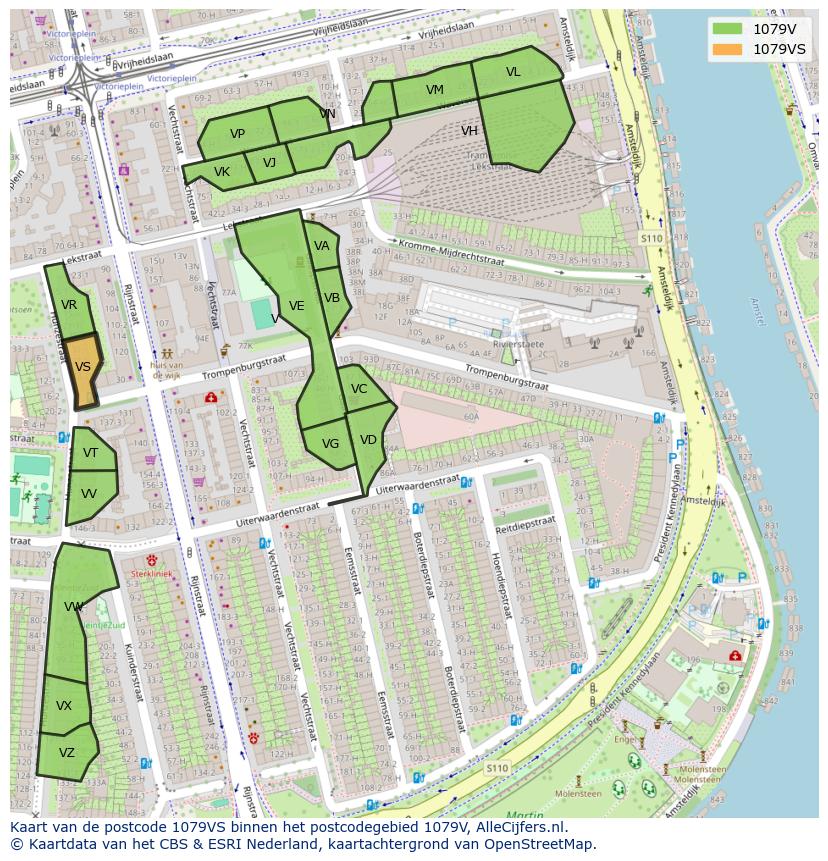 Afbeelding van het postcodegebied 1079 VS op de kaart.