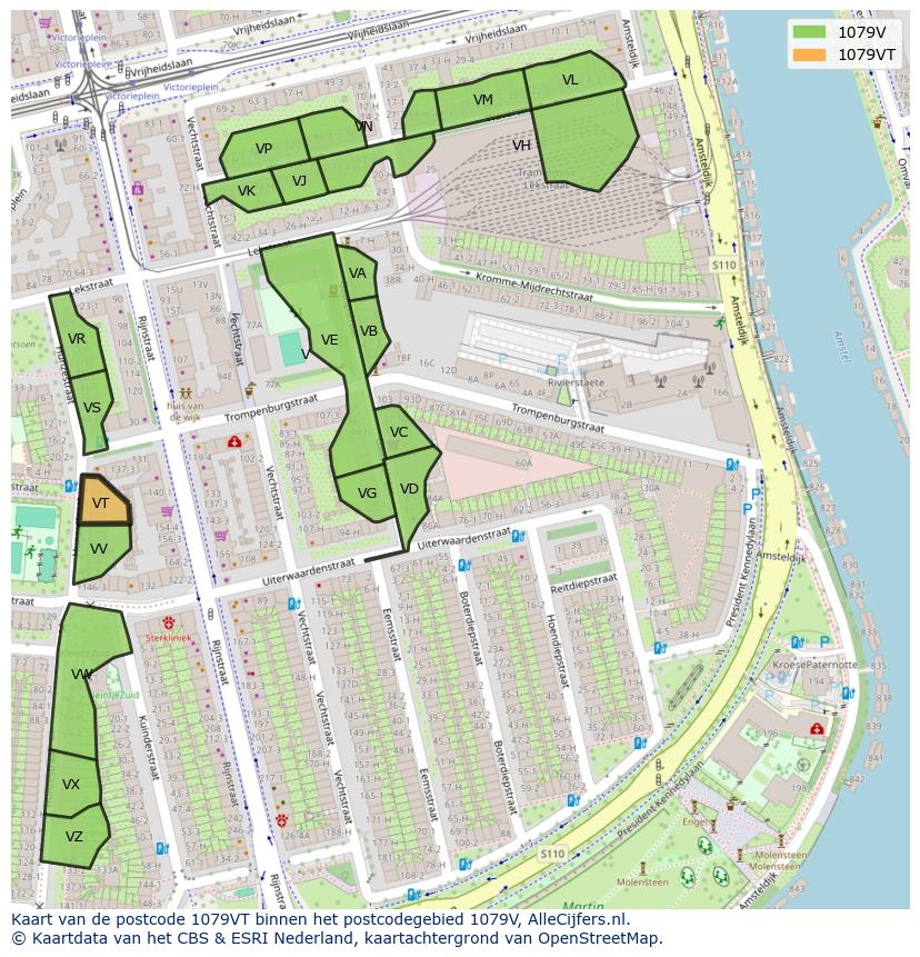 Afbeelding van het postcodegebied 1079 VT op de kaart.