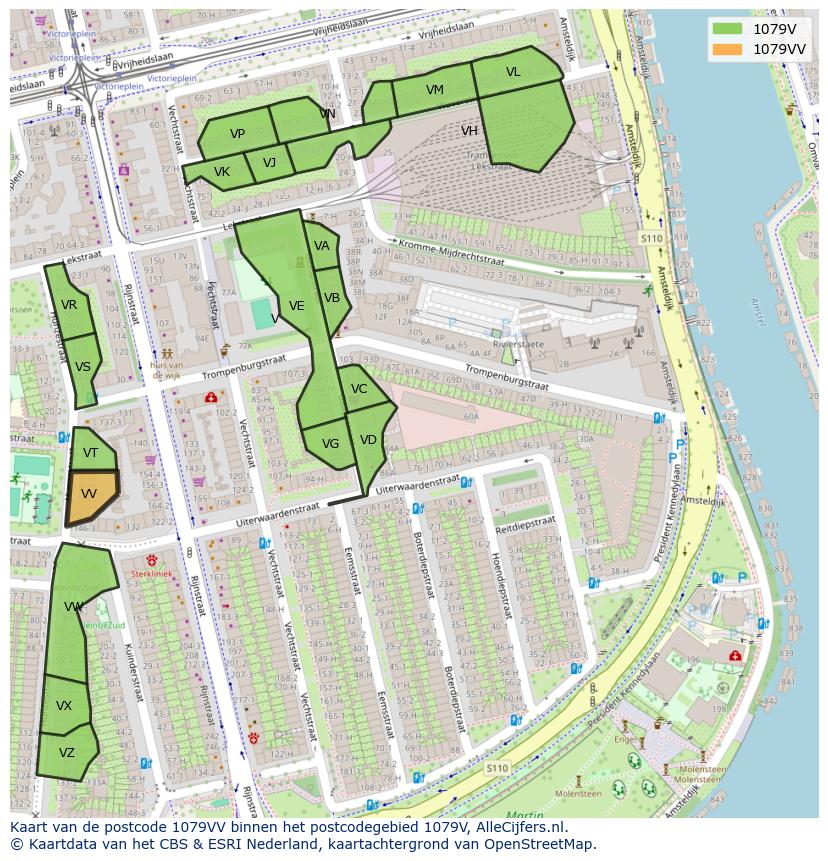 Afbeelding van het postcodegebied 1079 VV op de kaart.