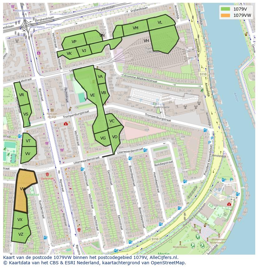Afbeelding van het postcodegebied 1079 VW op de kaart.