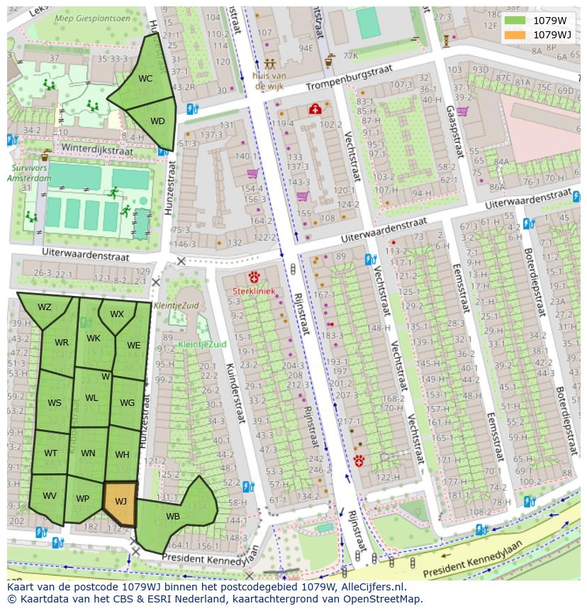 Afbeelding van het postcodegebied 1079 WJ op de kaart.