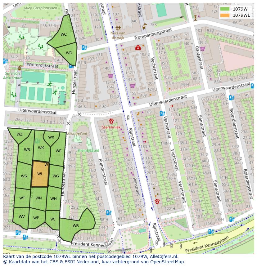Afbeelding van het postcodegebied 1079 WL op de kaart.