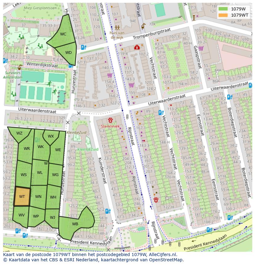 Afbeelding van het postcodegebied 1079 WT op de kaart.