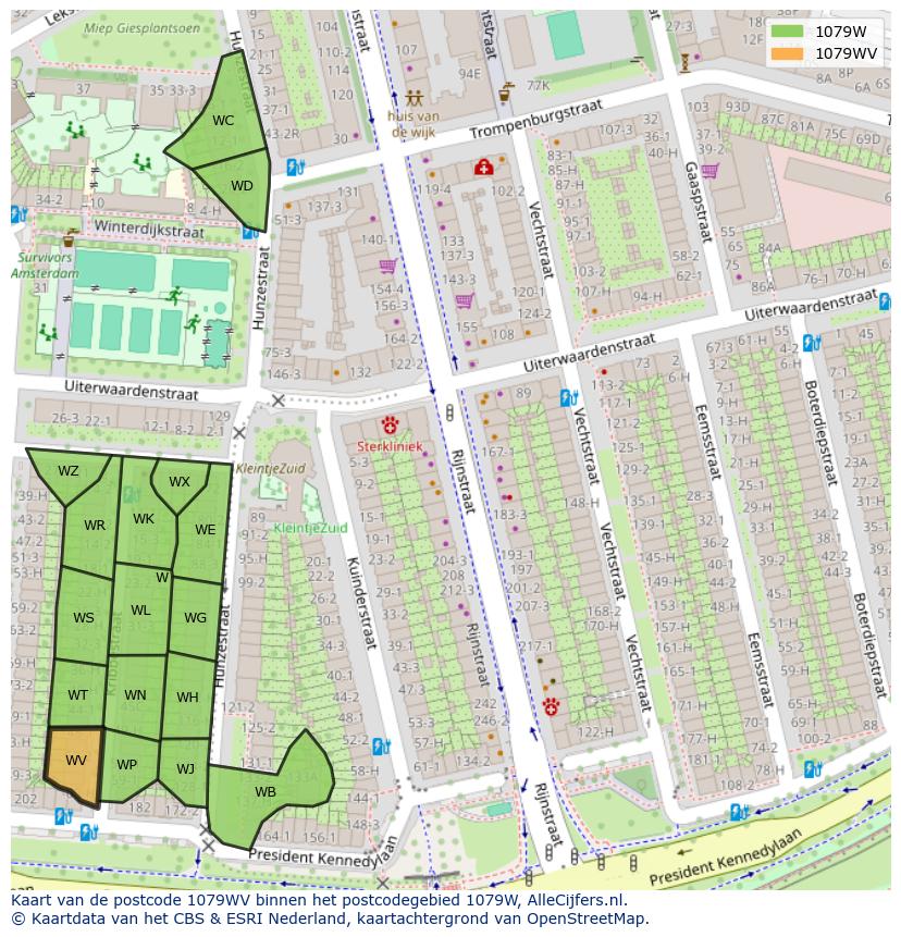Afbeelding van het postcodegebied 1079 WV op de kaart.