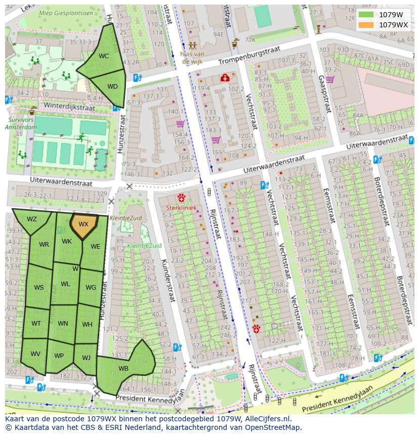 Afbeelding van het postcodegebied 1079 WX op de kaart.