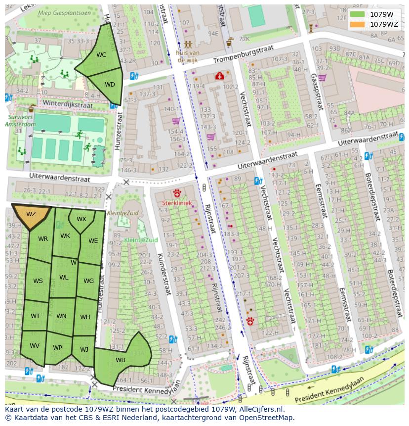 Afbeelding van het postcodegebied 1079 WZ op de kaart.