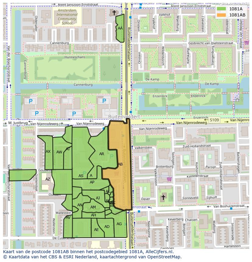 Afbeelding van het postcodegebied 1081 AB op de kaart.