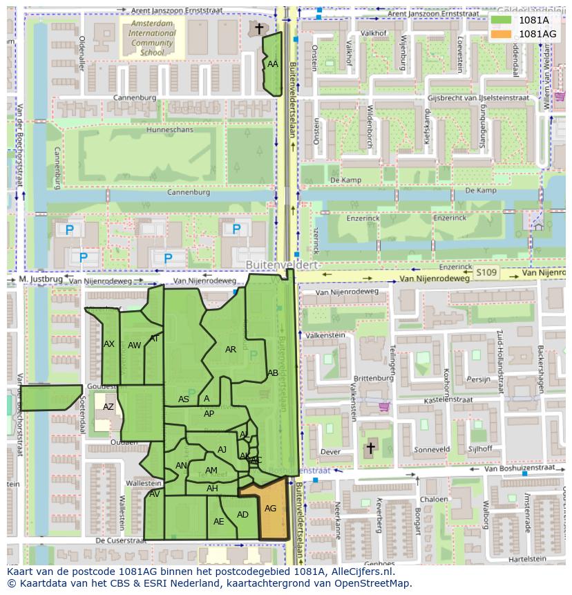 Afbeelding van het postcodegebied 1081 AG op de kaart.