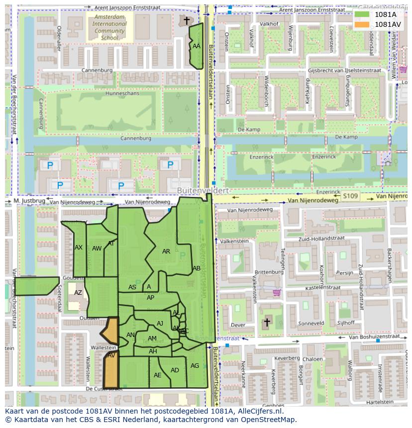 Afbeelding van het postcodegebied 1081 AV op de kaart.