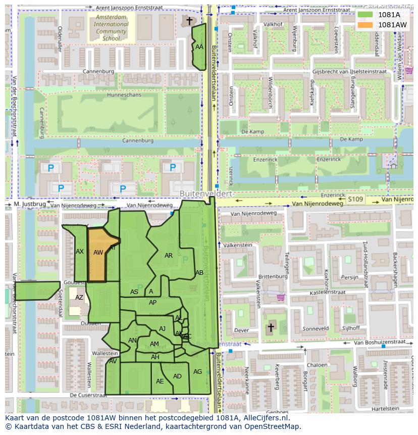 Afbeelding van het postcodegebied 1081 AW op de kaart.