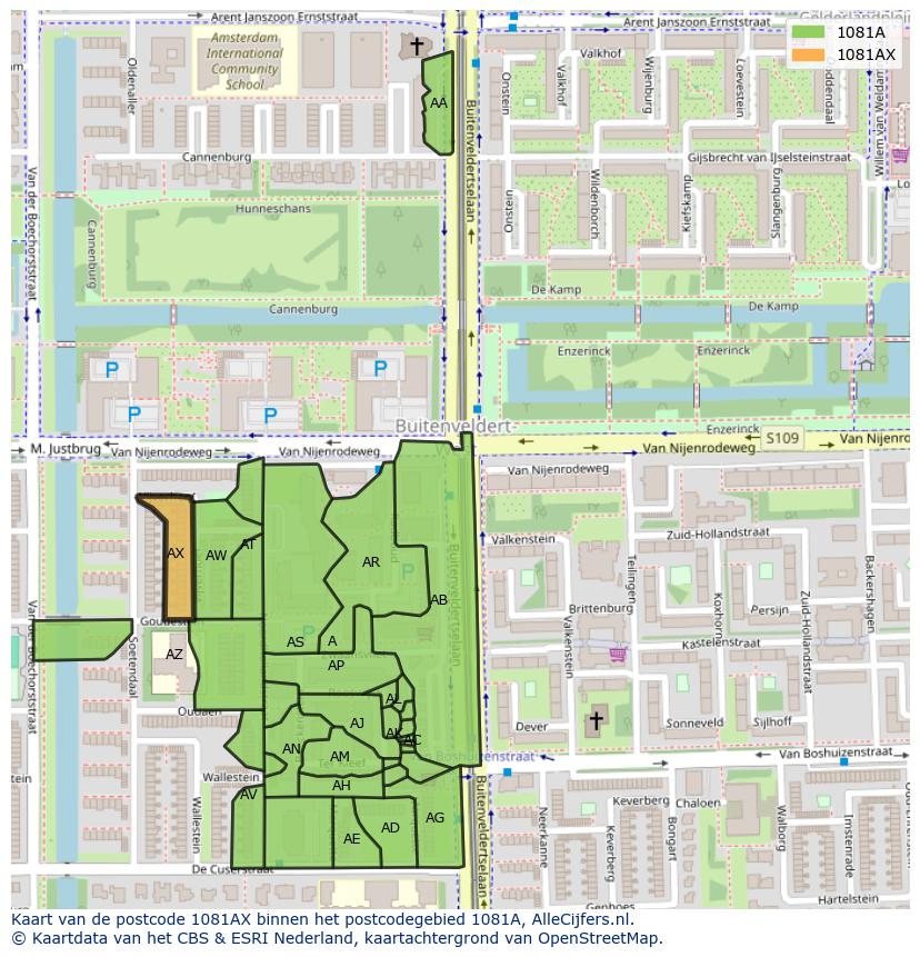 Afbeelding van het postcodegebied 1081 AX op de kaart.