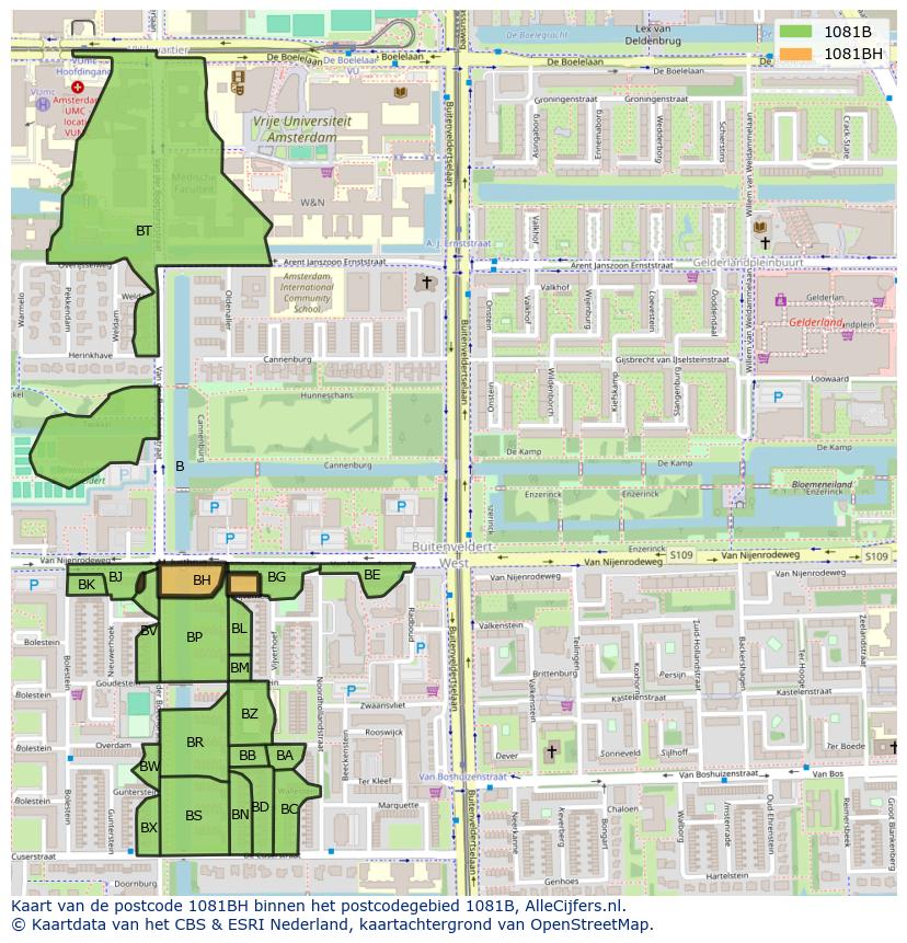 Afbeelding van het postcodegebied 1081 BH op de kaart.