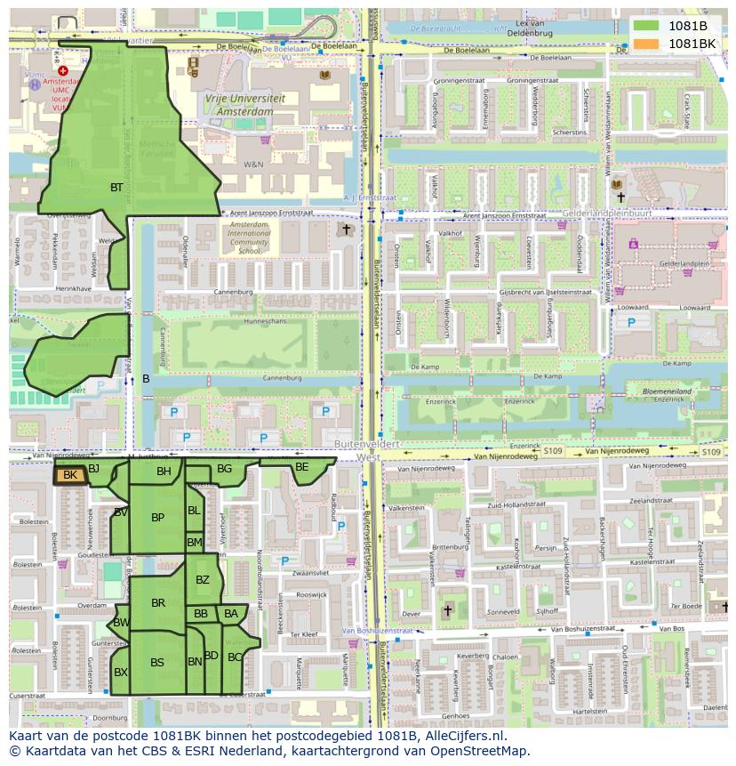 Afbeelding van het postcodegebied 1081 BK op de kaart.