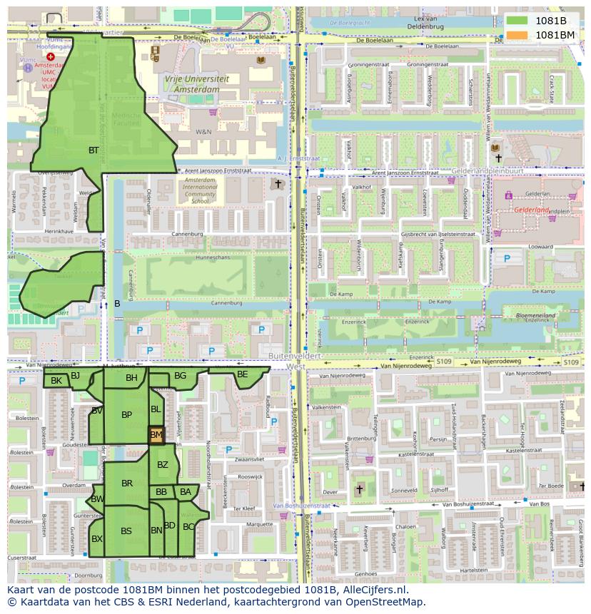 Afbeelding van het postcodegebied 1081 BM op de kaart.