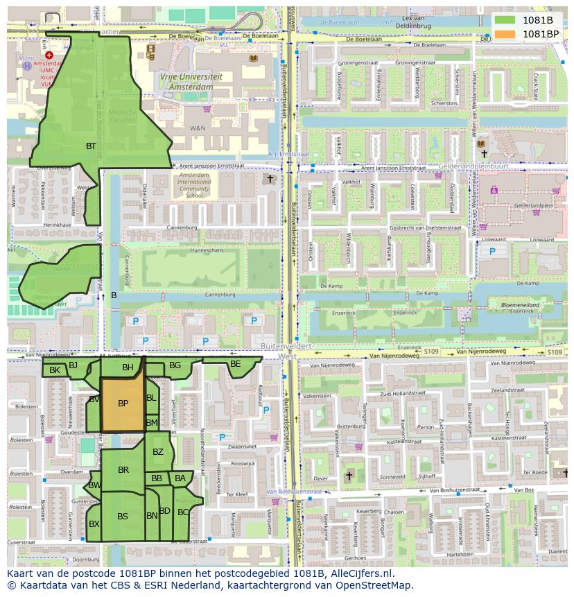 Afbeelding van het postcodegebied 1081 BP op de kaart.