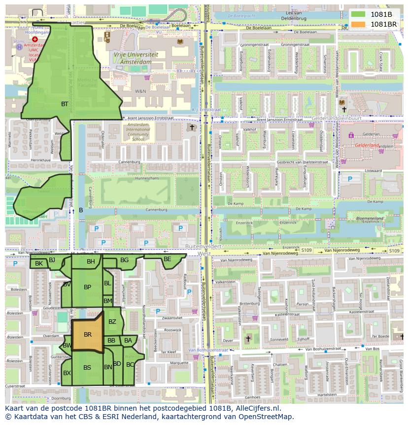 Afbeelding van het postcodegebied 1081 BR op de kaart.