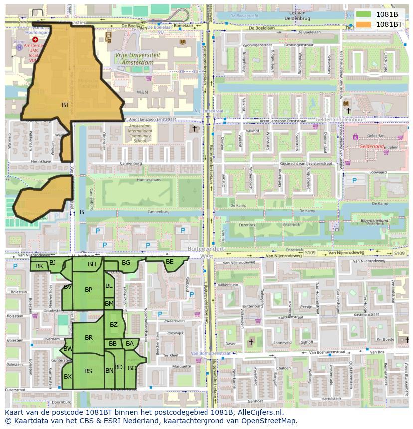 Afbeelding van het postcodegebied 1081 BT op de kaart.