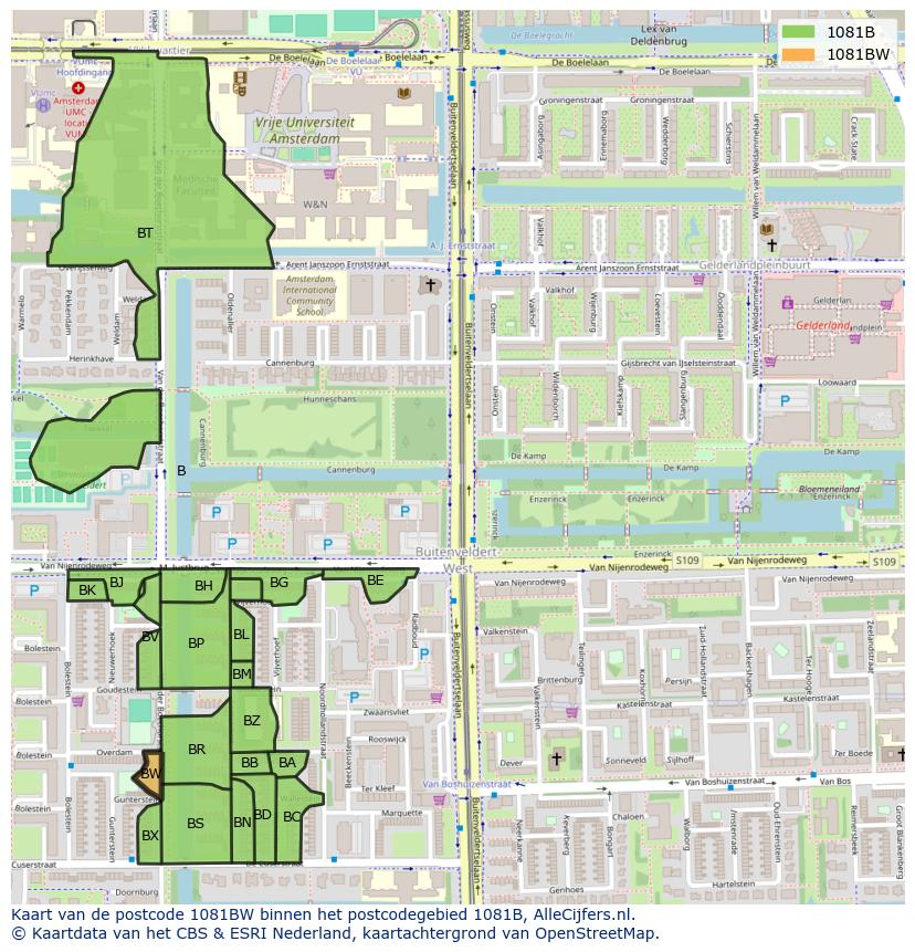 Afbeelding van het postcodegebied 1081 BW op de kaart.