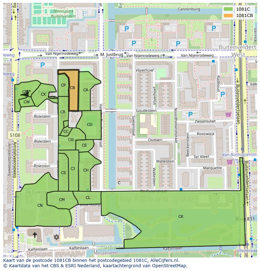 Afbeelding van het postcodegebied 1081 CB op de kaart.