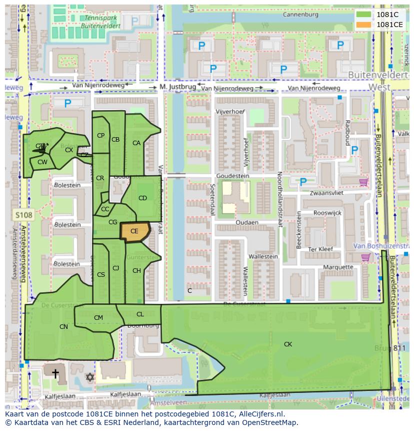 Afbeelding van het postcodegebied 1081 CE op de kaart.