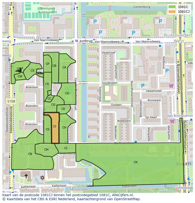 Afbeelding van het postcodegebied 1081 CJ op de kaart.