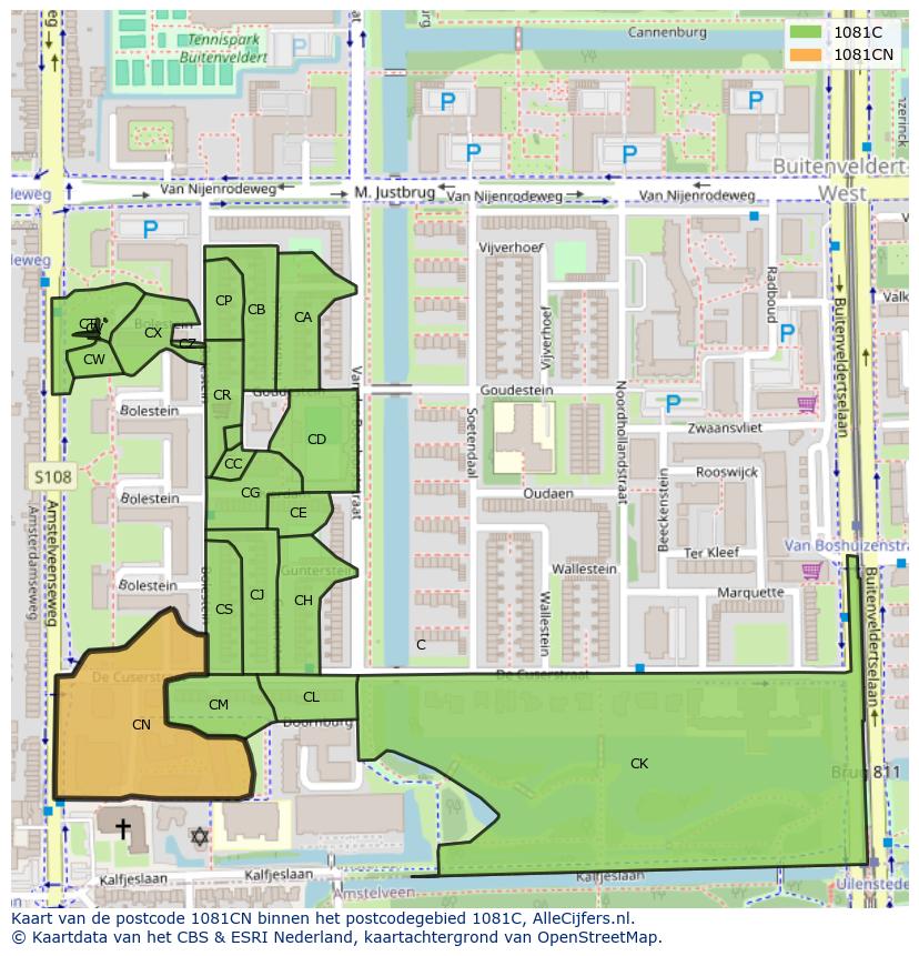 Afbeelding van het postcodegebied 1081 CN op de kaart.