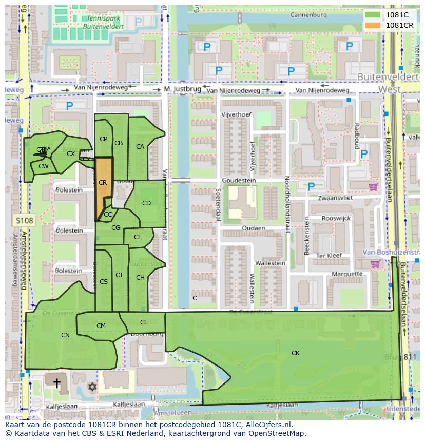 Afbeelding van het postcodegebied 1081 CR op de kaart.
